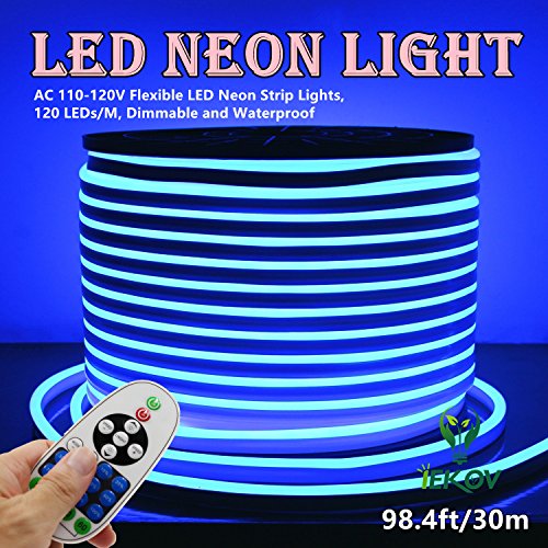 LED Neon Light IEKOV AC 110-120V Flexible RGB Strip 60 Waterproof Multi Color Changing SMD Rope Light Remote Controller 98.4ft/30m
