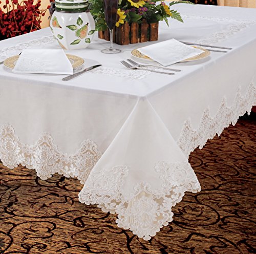 Violet Linen Imperial Embroidered Vintage Lace Design Tablecloth, 70" x 198", White
