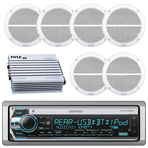 Kenwood Bluetooth CD MP3 USB AUX AM/FM Marine Boat Stereo Receiver 6x 6.5 Dual Cone Marine Speakers 4 Ch Waterproof 400 Watt Amplifier