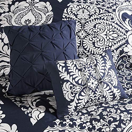Madison Park Sateen Cotton Comforter Set-Traditional Luxe Design All Season Lightweight Bedding, Shams, Bedskirt, Decorative Pillows, California King (104 in x 92 in), Vienna, Damask Indigo 7 Piece