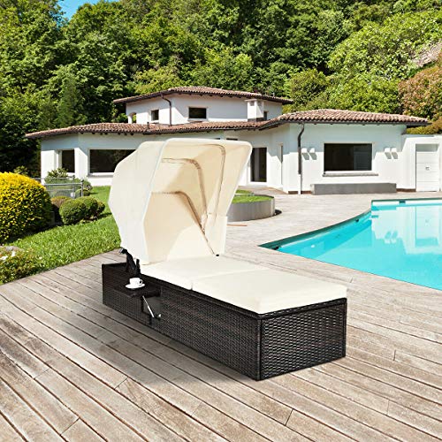 Tangkula Outdoor Chaise Lounge Chair with Folding Canopy, Adjustable Cushioned Reclining Chair with Flip-up Tea Table, Rattan Sun Lounger for Beach Poolside Backyard Balcony Porch (1)