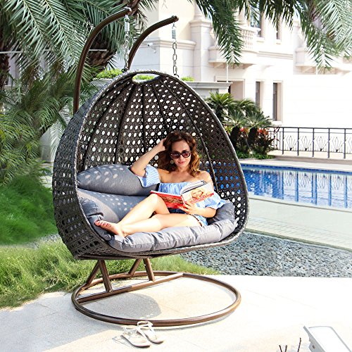 Island Gale Luxury 2 Person Outdoor, Patio, Hanging Wicker Swing Chair ((2 Person) X-Large-Plus, Latte Rattan/Latte Cushion)