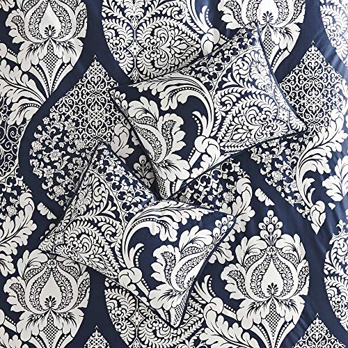 Madison Park Sateen Cotton Comforter Set-Traditional Luxe Design All Season Lightweight Bedding, Shams, Bedskirt, Decorative Pillows, California King (104 in x 92 in), Vienna, Damask Indigo 7 Piece