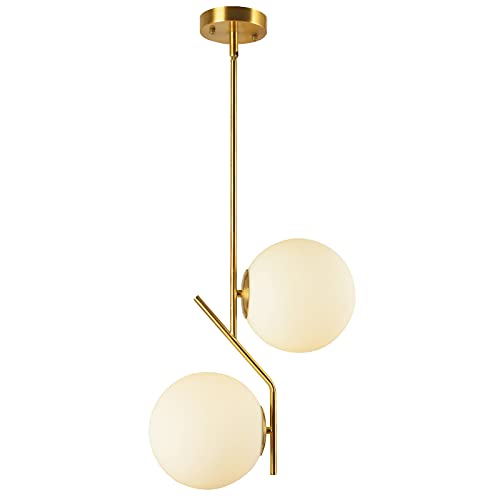 BAODEN 2 Lights Modern Globe Chandelier Mid Century Pendant Light with White Globe Glass Lampshade Hanging Light Fixture for Dining Kitchen Island Bedroom (Gold)