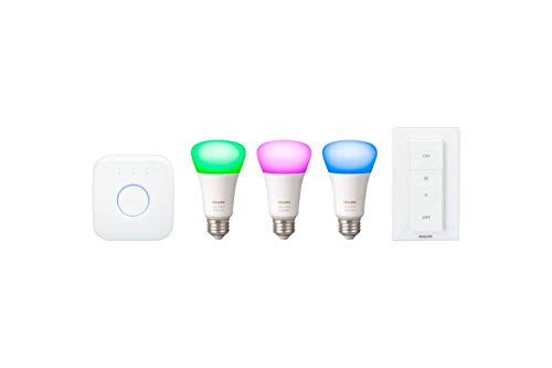 Philips Hue MAIN-54158 White & Color Ambiance LED Starter Kit-3 Multicolor A19 Bulbs, Bridge and Hue Dimmer Switch (Gen 3-Richer Colors), Multi