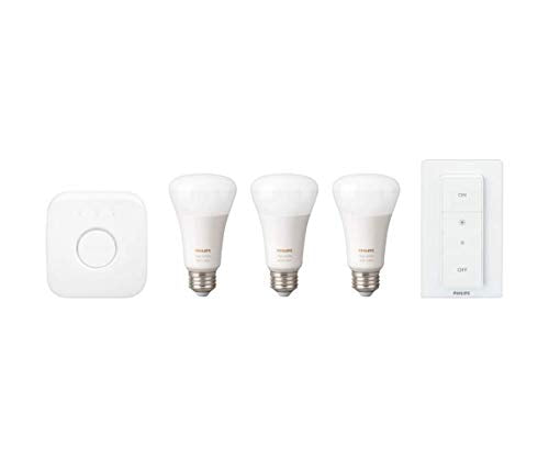 Philips Hue MAIN-54158 White & Color Ambiance LED Starter Kit-3 Multicolor A19 Bulbs, Bridge and Hue Dimmer Switch (Gen 3-Richer Colors), Multi