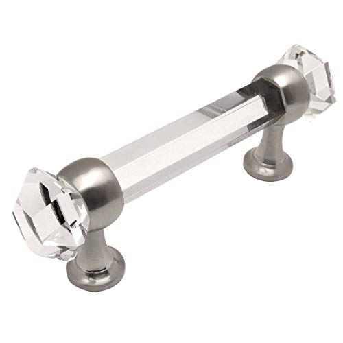 10 Pack - Cosmas 6393SN-C Satin Nickel with Clear Glass Cabinet Handle Pull - 3" Inch (76mm) Hole Centers