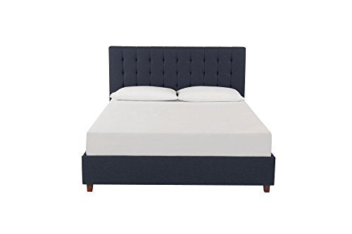 DHP Emily Upholstered Linen Platform Bed with Wooden Slat Support, Tufted Headboard, Queen Size - Blue