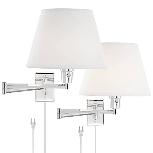 Clement Modern Industrial Swing Arm Wall Lamps Set of 2 Sleek Chrome Plug-in Light Fixture White Linen Empire Shade Bedroom Bedside House Reading Living Room Home Hallway - 360 Lighting