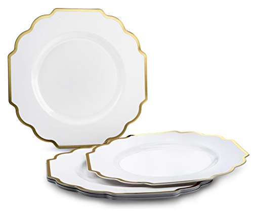 " OCCASIONS " 240 Plates Pack,(120 Guests) Heavyweight Wedding Party Disposable Plastic Plates Set -120 x 10.5'' Dinner + 120 x 8'' Salad / Dessert Plate (Imperial White and Gold)