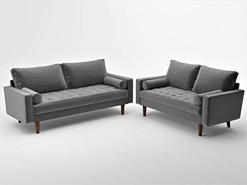 Container Furniture Direct S5457 Mid Century Modern Velvet Upholstered Tufted Living Room Sofa, 69.68", Grey