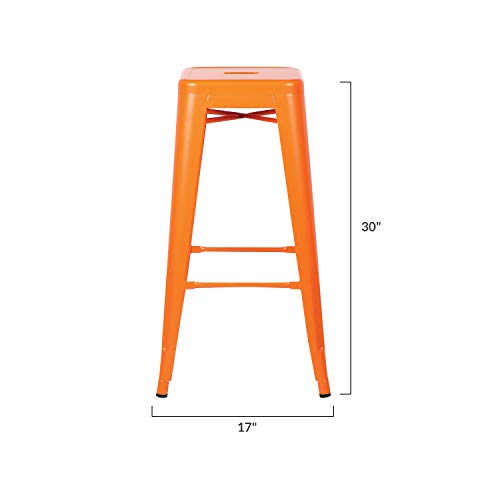 EdgeMod Trattoria 30 Inch Metal Bar Counter Stool, Industrial, Backless, Stackable in Orange (Set of 4)