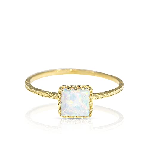 14K Solid Gold White Opal Ring - 14K Yellow Gold Dainty Solitaire Ring, October Birthstone 5x5mm Square Gemstone, Minimalist Handmade Gift, Unique Promise Ring, Delicate Jewelry Classy Gift for Women