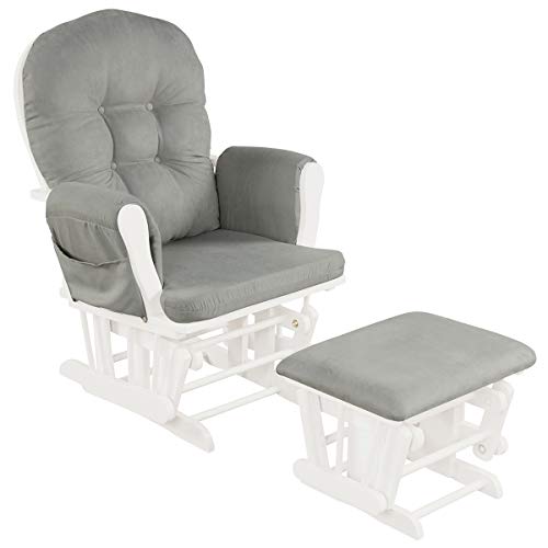 Costzon Baby Glider and Ottoman Cushion Set, Wood Baby Rocker Nursery Furniture, Upholstered Comfort Nursery Chair & Ottoman with Padded Arms (Light Gray)