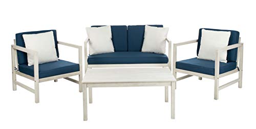 Safavieh PAT7030D Collection Montez White and Navy 4 Pc Accent Pillows Outdoor Set