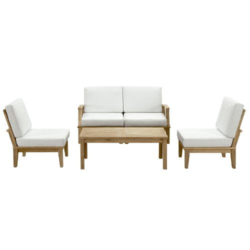Modway EEI-1477-NAT-WHI-SET Marina Premium Grade A Teak Wood Outdoor Patio Furniture Set, 5 Piece, Natural White