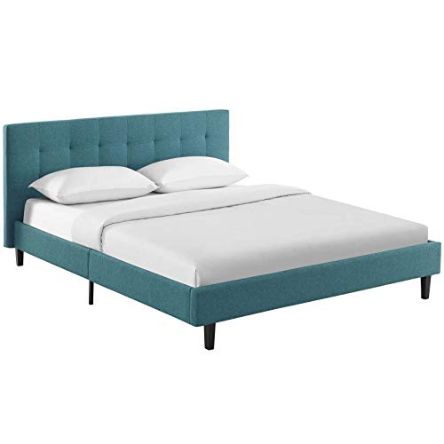 Modway Linnea Upholstered Teal Queen Platform Bed with Wood Slat Support