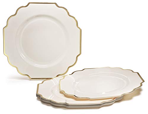 " OCCASIONS" 640 Piece set (80 Guests)-Heavyweight Wedding Party Disposable Plastic Plate Set - 80 x 10.5'' + 80 x 8'' + Silverware + Cups + Napkins (Imperial Ivory & Gold)