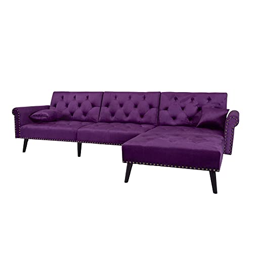 Knowlife Sectional Convertible Futon Sofa Bed, Mid-Century Velvet Sleeper Sofa with Reversible Chaise and 2 Pillows, 115”L Sofa Couch for Living Room and Small Space - Purple