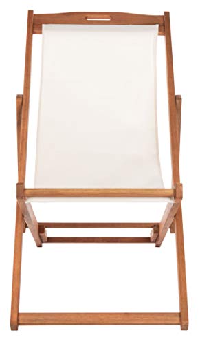 Safavieh PAT7040A-SET2 Outdoor Collection Loren Teak, White Foldable Sling Adirondack Chair, Natural/Navy Stripe