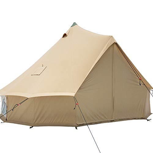 Premium 100% Cotton Canvas Bell Tent, Water Repellent Complete with Steel Center & Door Pole, Roof Vents, Bug mesh Doors & Windows for All Season Camping and Glamping (13ft (4M), Water Repellent)