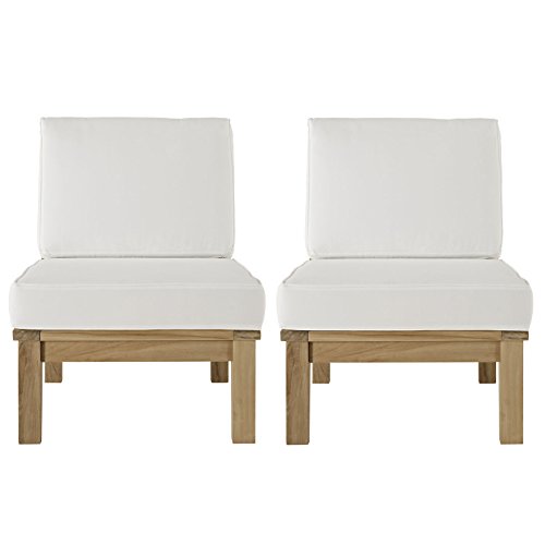 Modway EEI-1821-NAT-WHI-SET Marina Premium Grade A Teak Wood Outdoor Patio, Two Armless Chairs, Natural White