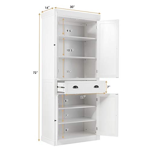Tangkula 72‘’H Freestanding Kitchen Pantry Cupboard Cabinet, Traditional Elegant Design, w/Adjustable Shelves, 2-Door Floor Utility Storage Cabinet for Living Room Kitchen Hallway (White)
