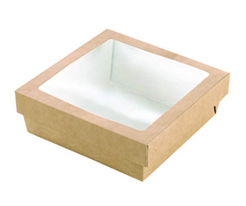 Kray Box with Window Lid (Case of 250), PacknWood - Brown Recyclable To Go Food Containers (24 oz, 5.5" x 5.5" x 2") 210KRAYB155