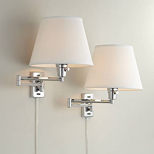 Clement Modern Industrial Swing Arm Wall Lamps Set of 2 Sleek Chrome Plug-in Light Fixture White Linen Empire Shade Bedroom Bedside House Reading Living Room Home Hallway - 360 Lighting