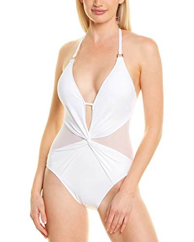 La Blanca Women's Standard V-Front Keyhole Halter One Piece Swimsuit, White//Mesh-Merizing, 6