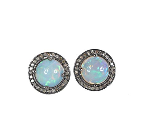 Large Round Opal Stud Earring- Real Opal Pave Diamonds- Oxidized Sterling Silver 10mm- October Birthstone Birthday Women's Jewelry Gift Idea-Holiday