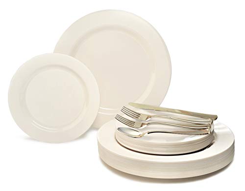 " OCCASIONS" 720 Pcs set (120 guest) Wedding Disposable Plastic Plate and Silverware Combo 10.5" + 7.5" + Silverware (Double Fork) (Plain Ivory Plates, Gold Silverware)