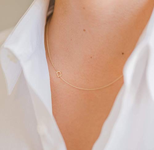 14k Gold Asymmetrical Initial Necklace, Zoe Lev Jewelry, Side Initial Necklace, Gold Sideways Letter Necklace