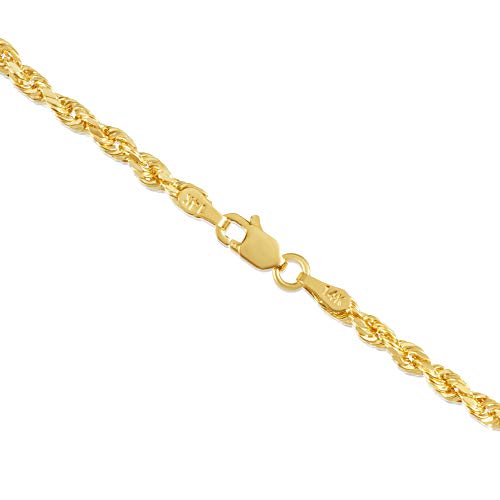 14K Yellow Gold Diamond Cut Rope Chain Necklace for Men and Women – Measures 3mm Thickness x 16 Inches Length