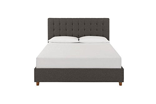 DHP Emily Upholstered Linen Platform Bed with Wooden Slat Support, Tufted Headboard, Queen Size - Grey