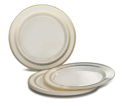 " OCCASIONS" 960pcs set (120 Guests)-Heavyweight Wedding Party Disposable Plastic Plate Set -120x10.5'' + 120x7.5'' +Silverware +Cups +linen like paper Napkins (Lace Ivory & Gold)