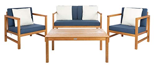 Safavieh PAT7030E Collection Montez Teak 4 Pc Accent Pillows Outdoor Set, Natural/Navy