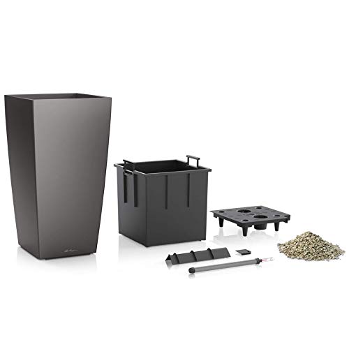 LECHUZA CUBICO 40 Self Watering Planter Garden Flower Plant Pot Indoor/Outdoor Floor Planter with Drainage Hole and Plant Substrate Poly Resin H75 L40 W40 cm Black High-Gloss