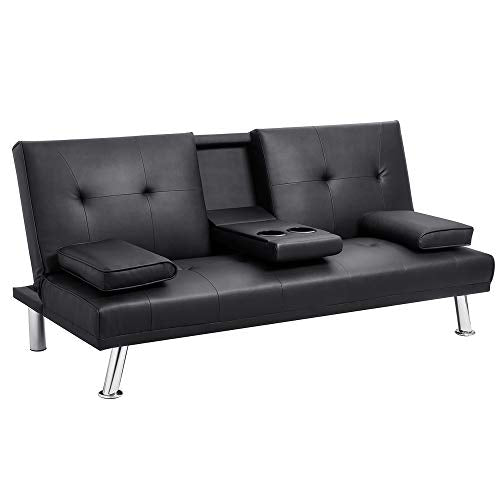 Walsunny Modern Faux Leather Couch, Convertible Futon Sofa Bed for Living Room with Armrest & Fold Up & Down Recliner Couch with Cup Holders(Black)