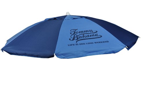 Tommy Bahama 7 ft Fiberglass Beach Umbrella for Sand with Integrated Anchor, Integrated Table, Telescopic Aluminum Pole, UPF 50+, Tilt