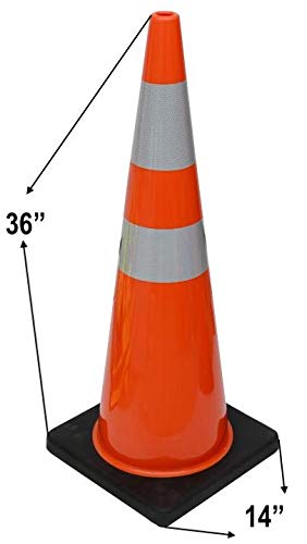 (12 Cones) CJ Safety 36" Orange PVC Traffic Safety Cones with Black Base & 6" + 4" Reflective Collars (Set of 12 Cone)