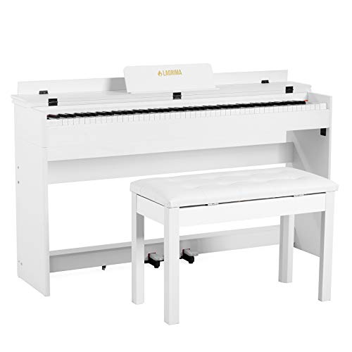 LAGRIMA Digital Piano, 88 Key Electric Keyboard Piano for Beginner/Adults with Padded Piano Bench+Music Stand+Power Adapter+3-Pedal Board+Instruction Book+Headphone Jack(White With 2 Person Bench
