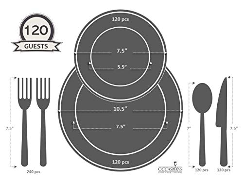 " OCCASIONS" 720 Pcs set (120 guest) Wedding Disposable Plastic Plate and Silverware Combo 10.5" + 7.5" + Silverware (Double Fork) (Plain Ivory Plates, Gold Silverware)