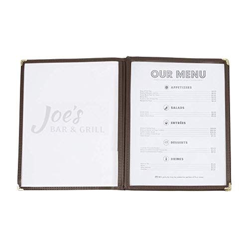 (30 Pack) 3 Page Book Fold Menu Covers, Brown, 6 View, 8.5 x 11-inches Insert Menu Covers with Double Stitched Binding and Protective Corners