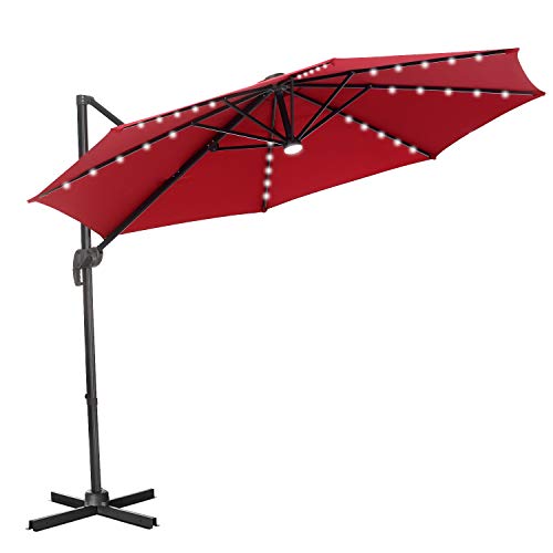 Leisurelife 10' Cantilever Offset Umbrella with Solar Lights for Patio, Tilt and Crank, 8 Ribs, Wine Red