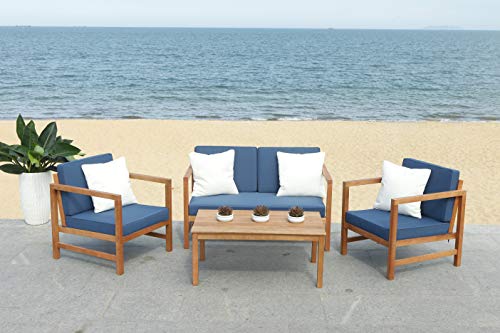 Safavieh PAT7030E Collection Montez Teak 4 Pc Accent Pillows Outdoor Set, Natural/Navy