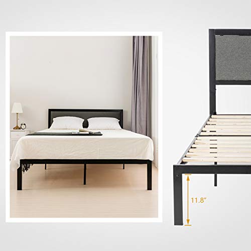 LAGRIMA Heavy Duty Metal Queen Bed Frame/Platform Bed with Grey Foam Cushioned Upholstered Headboard/with Solid Wood Slats Support/Mattress Foundation/Queen, Black