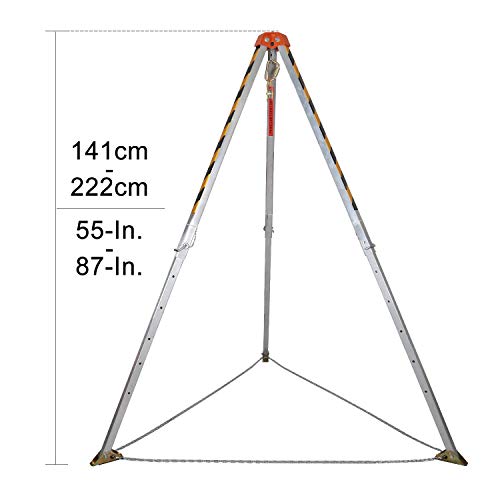 KSEIBI 423990 Aluminum Confined Space Tripod Kit Manhole Entry and Rescue Equipment Set with 65' Winch, Pulley, Carabiner, Fall Protection Safety Harness and Carrying Storage Bag