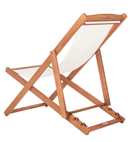 Safavieh PAT7040A-SET2 Outdoor Collection Loren Teak, White Foldable Sling Adirondack Chair, Natural/Navy Stripe