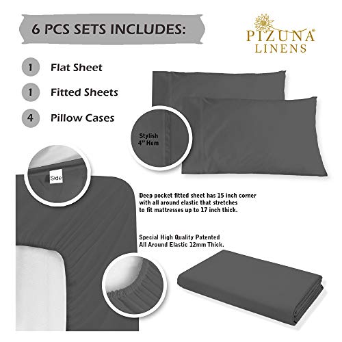 1000 Thread Count Charcoal 6 Piece Queen Sheet Set with 2 Extra Pillow Cases, 100% Long Staple Cotton Smooth Sateen Weave Bed Sheets with Deep Pockets, Value Pack 6 pc Cotton Sheets Queen Grey